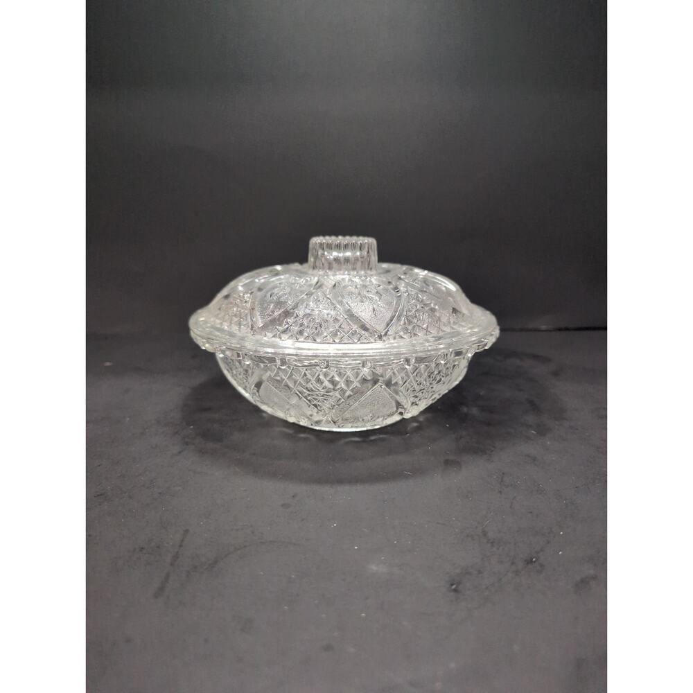 Pasari Indonesia Glass Candy Dish Lid, Hearts Flowers Pattern, Pressed Glass Jar